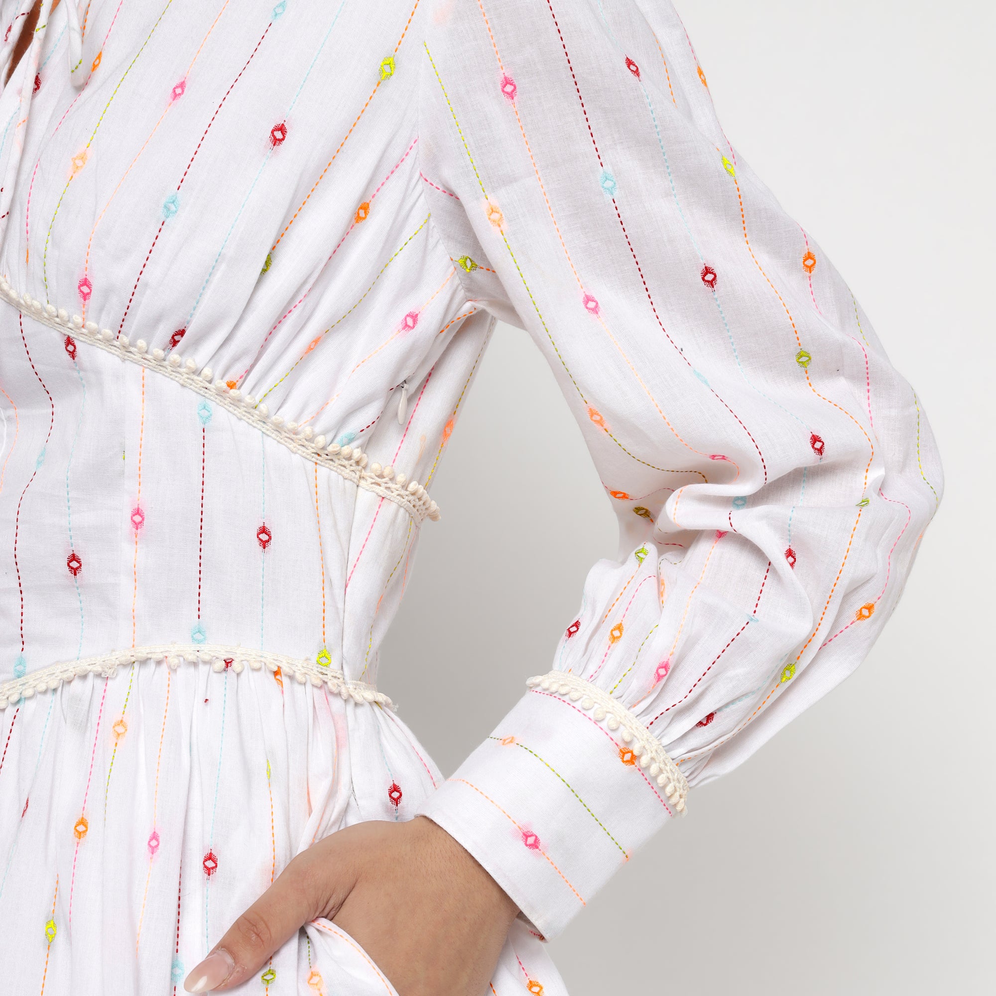 Whimsical White Woven Stripe Mini Dress